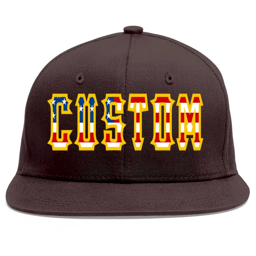 Custom Brown Vintage USA Flag-Gold Flat Eaves Sport Baseball Cap