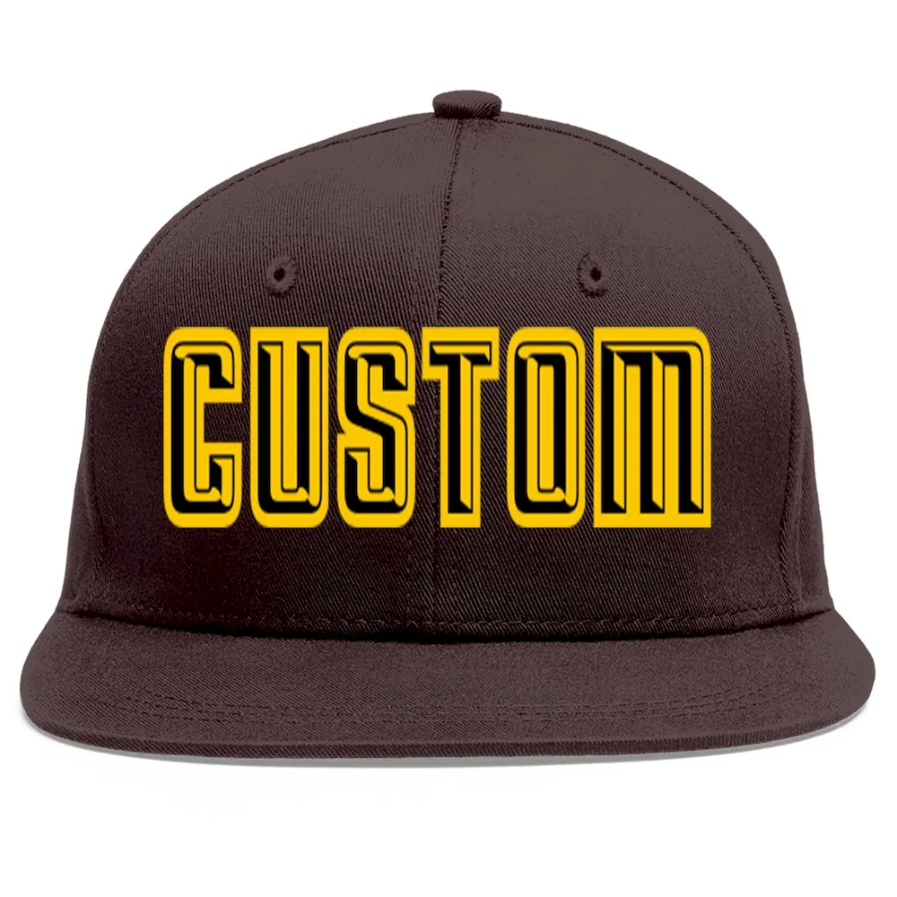 Custom Brown Black-Gold Flat Eaves Sport Baseball Cap