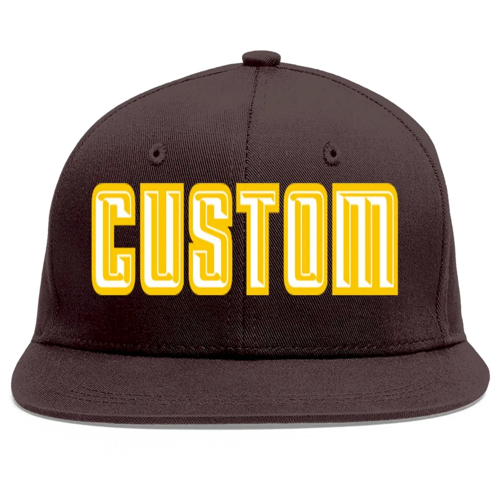 Custom Brown White-Gold Flat Eaves Sport Baseball Cap