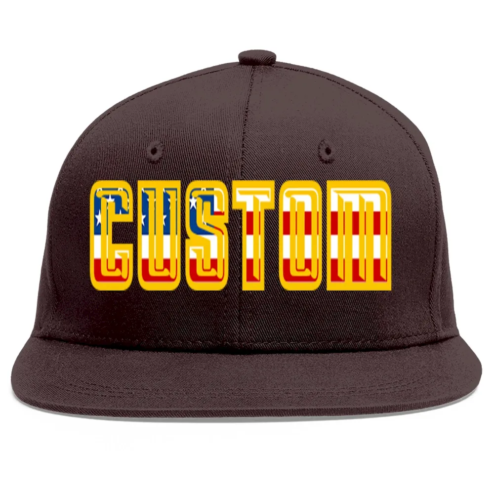 Custom Brown Vintage USA Flag-Gold Flat Eaves Sport Baseball Cap