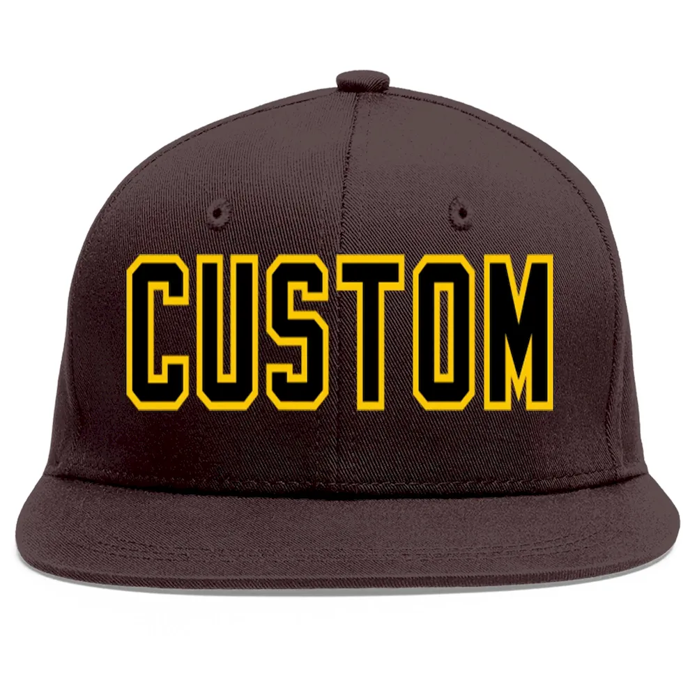 Custom Brown Black-Gold Flat Eaves Sport Baseball Cap