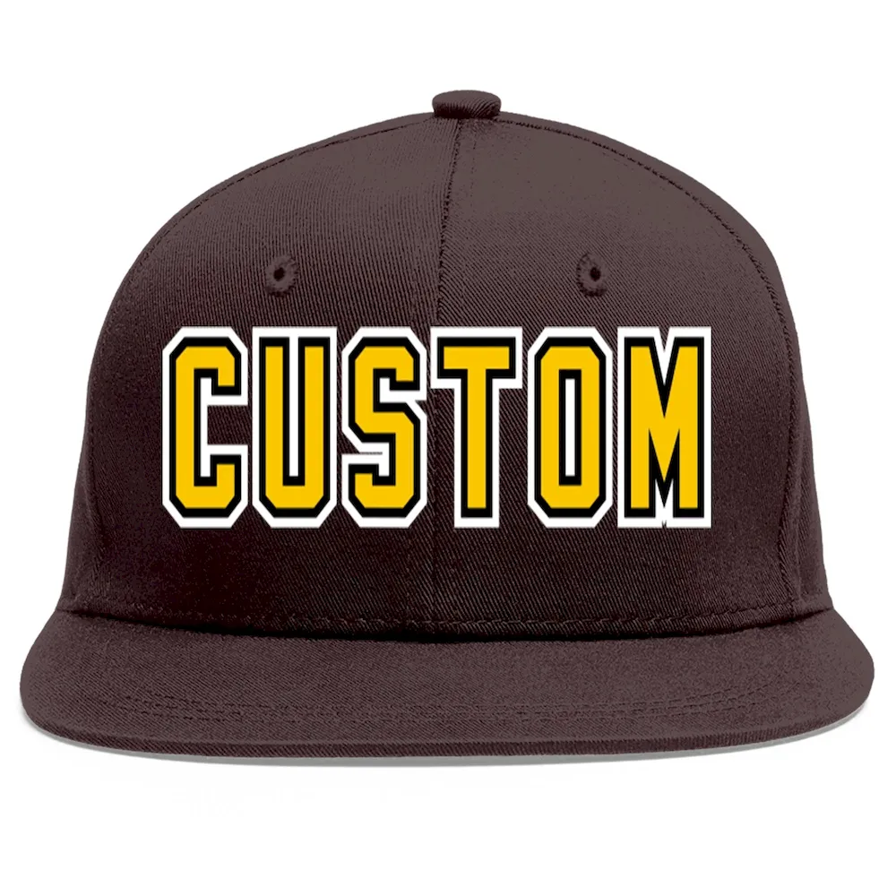 Custom Brown Gold-Black Flat Eaves Sport Baseball Cap