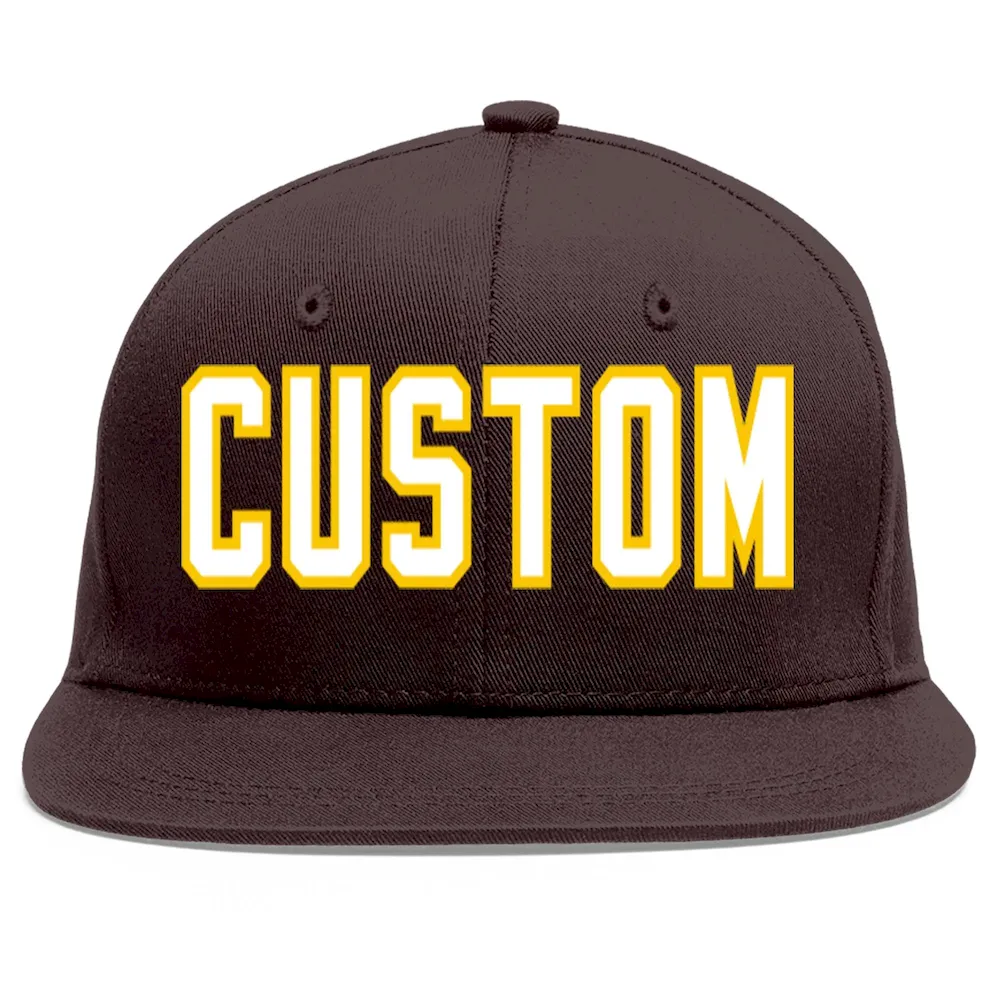 Custom Brown White-Gold Flat Eaves Sport Baseball Cap
