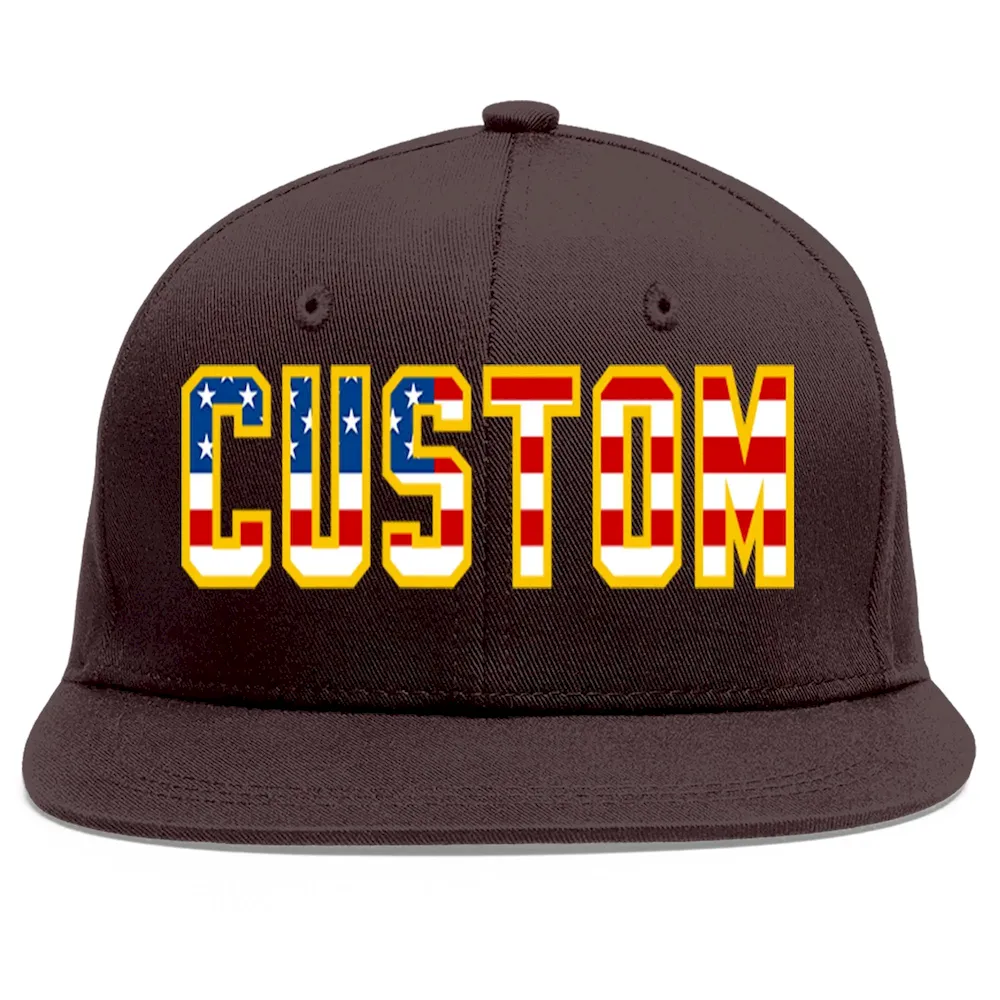 Custom Brown Vintage USA Flag-Gold Flat Eaves Sport Baseball Cap