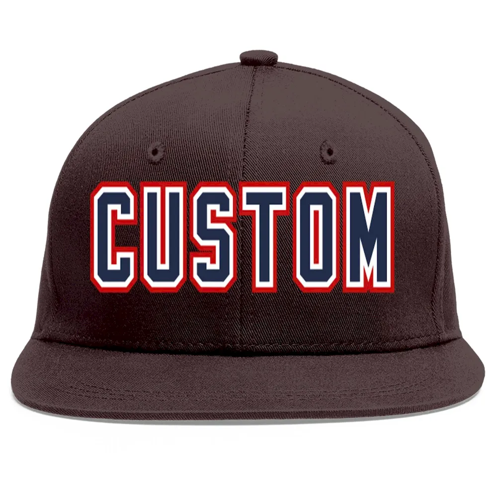 Custom Brown Navy-White Flat Eaves Sport Baseball Cap