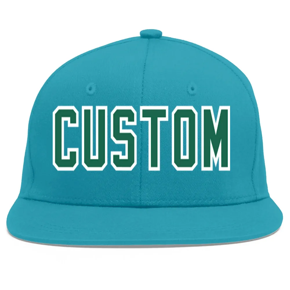 Custom Aqua Kelly Green-White Flat Eaves Sport Baseball Cap