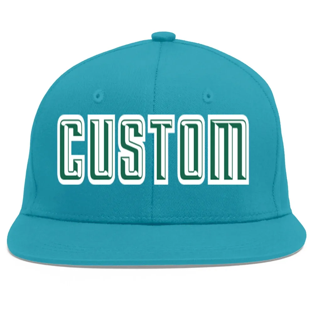 Custom Aqua Kelly Green-White Flat Eaves Sport Baseball Cap