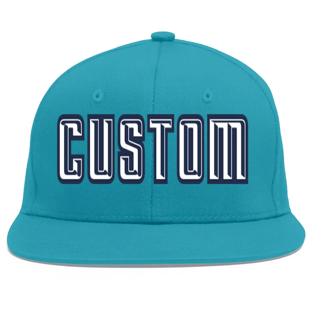 Custom Aqua White-Royal Flat Eaves Sport Baseball Cap