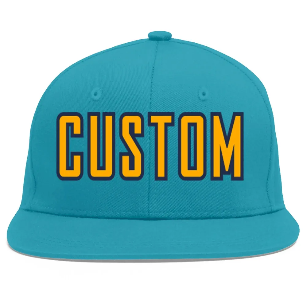 Custom Aqua Yellow-Navy Flat Eaves Sport Baseball Cap