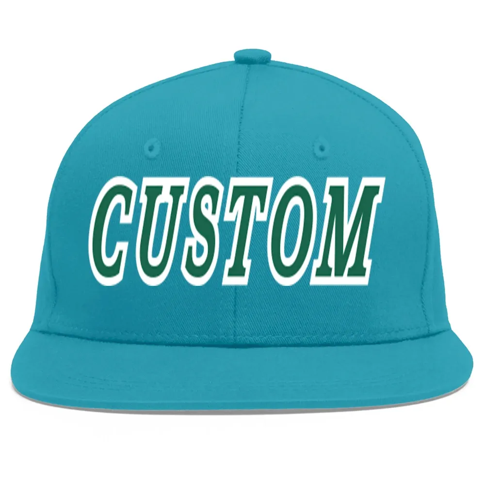 Custom Aqua Kelly Green-White Flat Eaves Sport Baseball Cap