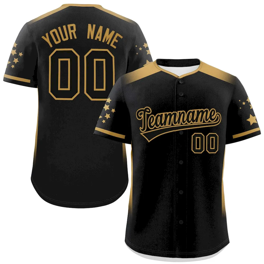 Custom Black Old Gold Gradient Side Personalized Star Pattern Authentic Baseball Jersey