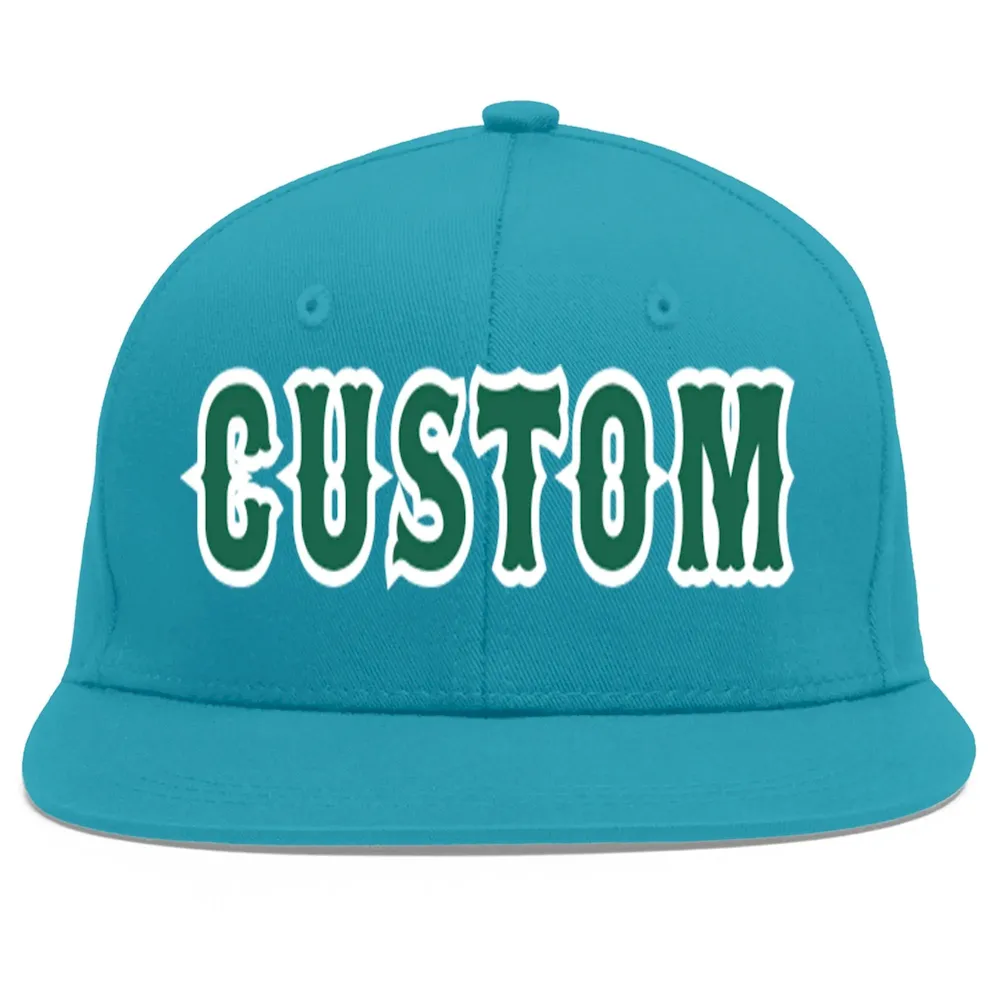 Custom Aqua Kelly Green-White Flat Eaves Sport Baseball Cap