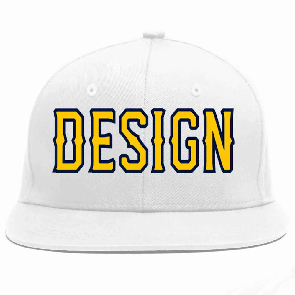 Custom White Gold-Navy Flat Eaves Sport Baseball Cap Design for Men/Women/Youth