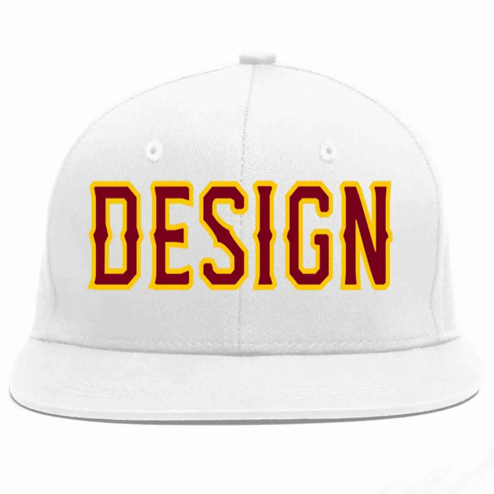 Custom White Crimson-Gold Flat Eaves Sport Baseball Cap Design for Men/Women/Youth