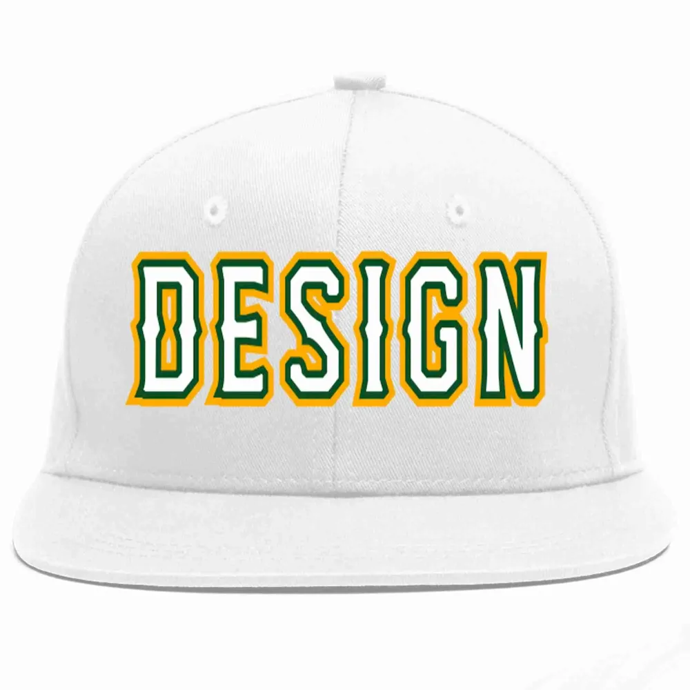 Custom White White-Kelly Green Flat Eaves Sport Baseball Cap Design for Men/Women/Youth