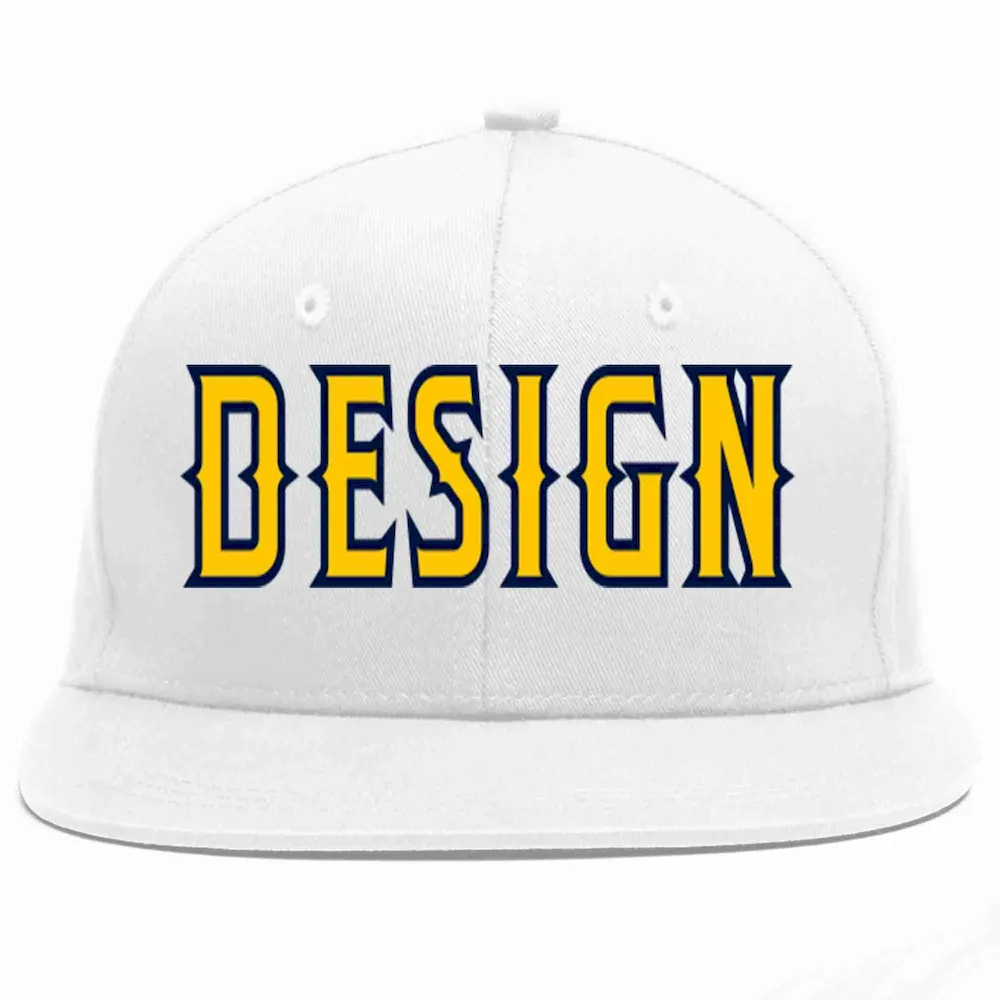 Custom White Gold-Navy Flat Eaves Sport Baseball Cap Design for Men/Women/Youth