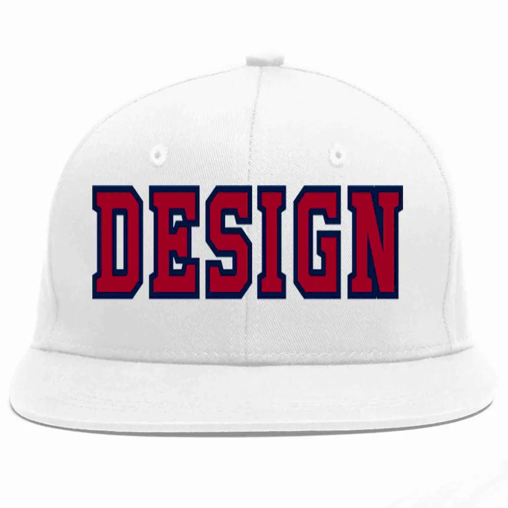 Custom White Red-Navy Flat Eaves Sport Baseball Cap Design for Men/Women/Youth