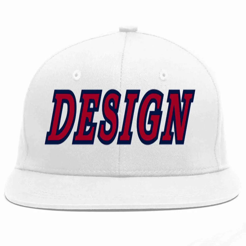 Custom White Red-Navy Flat Eaves Sport Baseball Cap Design for Men/Women/Youth