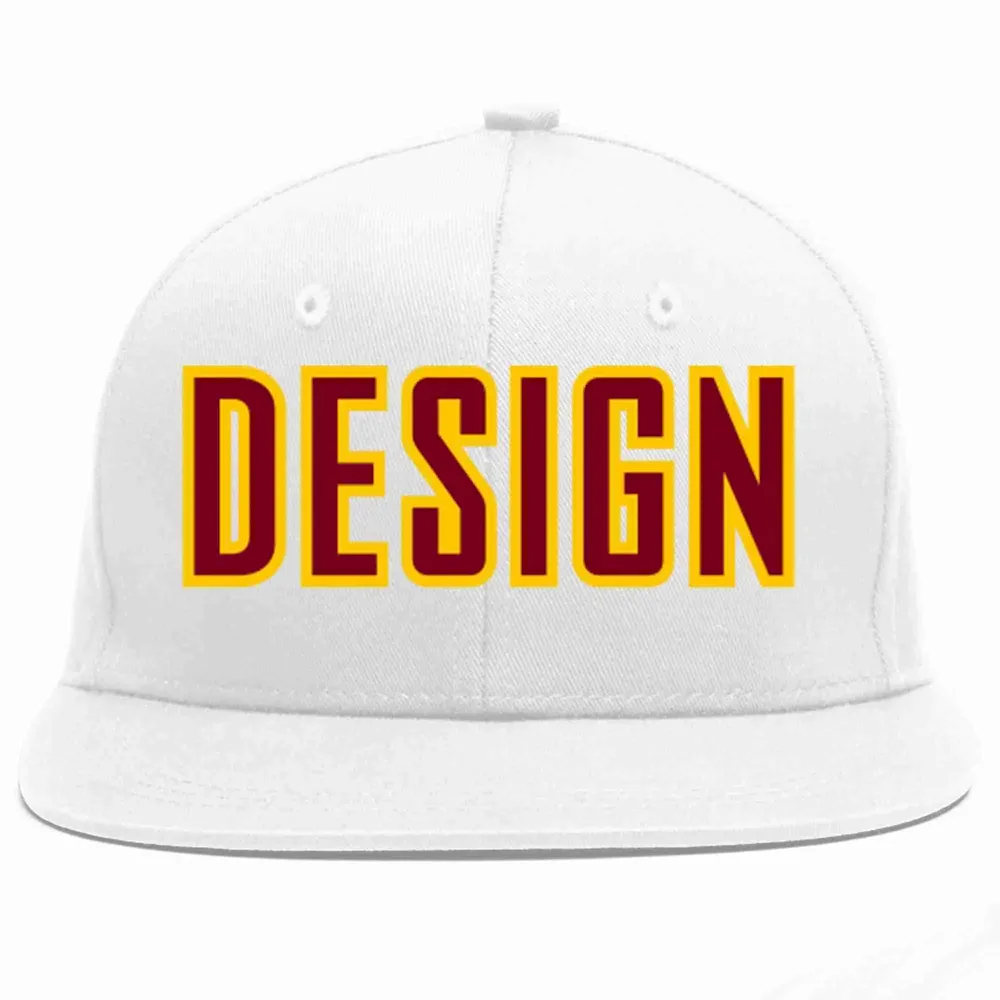 Custom White Crimson-Gold Flat Eaves Sport Baseball Cap Design for Men/Women/Youth