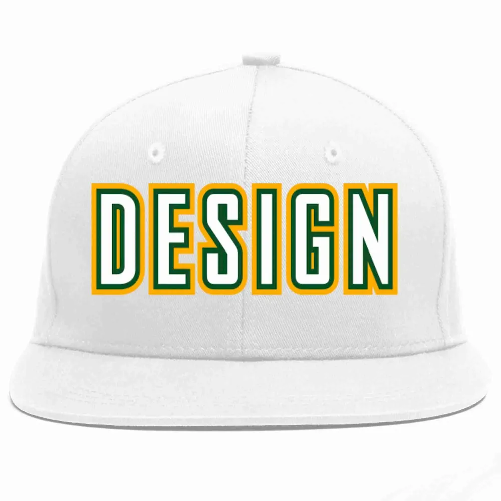 Custom White White-Kelly Green Flat Eaves Sport Baseball Cap Design for Men/Women/Youth