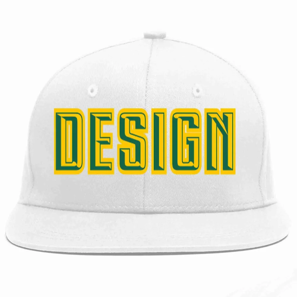 Custom White Kelly Green-Gold Flat Eaves Sport Baseball Cap Design for Men/Women/Youth