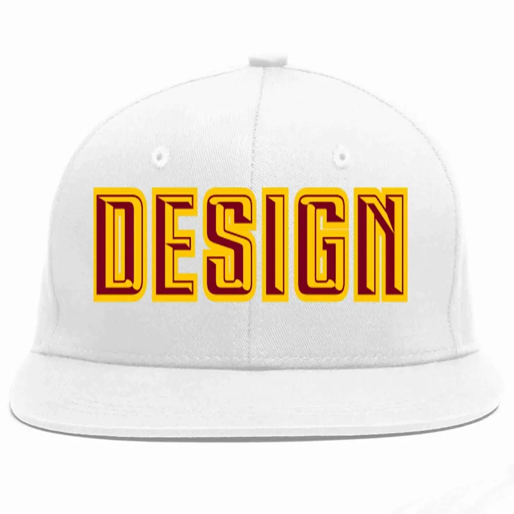 Custom White Crimson-Gold Flat Eaves Sport Baseball Cap Design for Men/Women/Youth