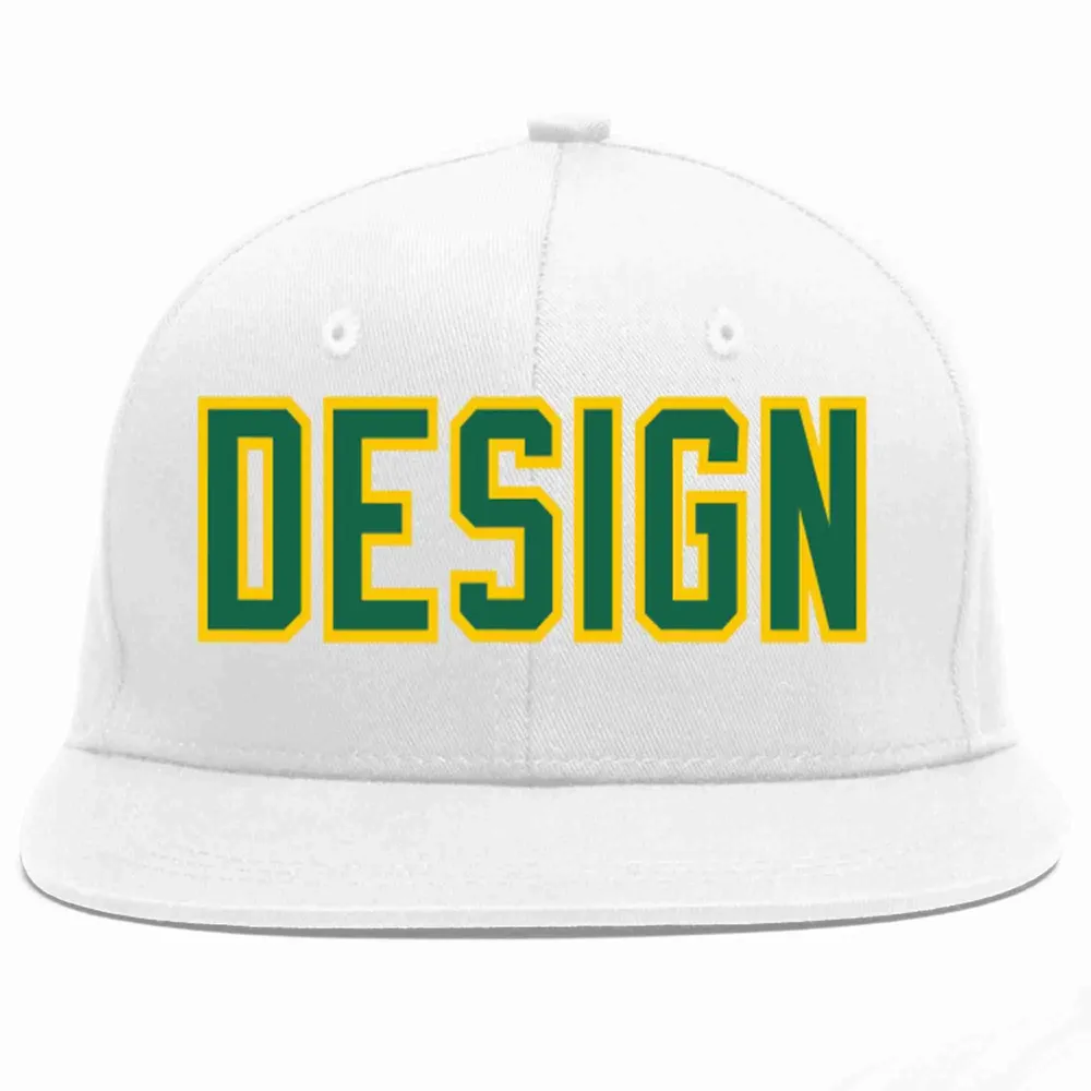 Custom White Kelly Green-Gold Flat Eaves Sport Baseball Cap Design for Men/Women/Youth