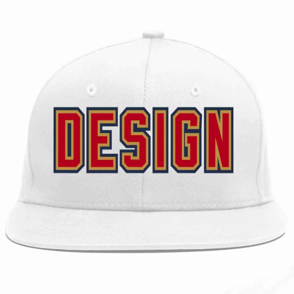 Custom White Red-Old Gold Flat Eaves Sport Baseball Cap Design for Men/Women/Youth