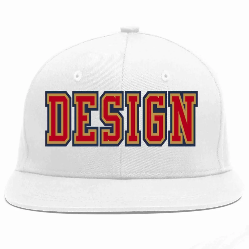 Custom White Red-Old Gold Flat Eaves Sport Baseball Cap Design for Men/Women/Youth