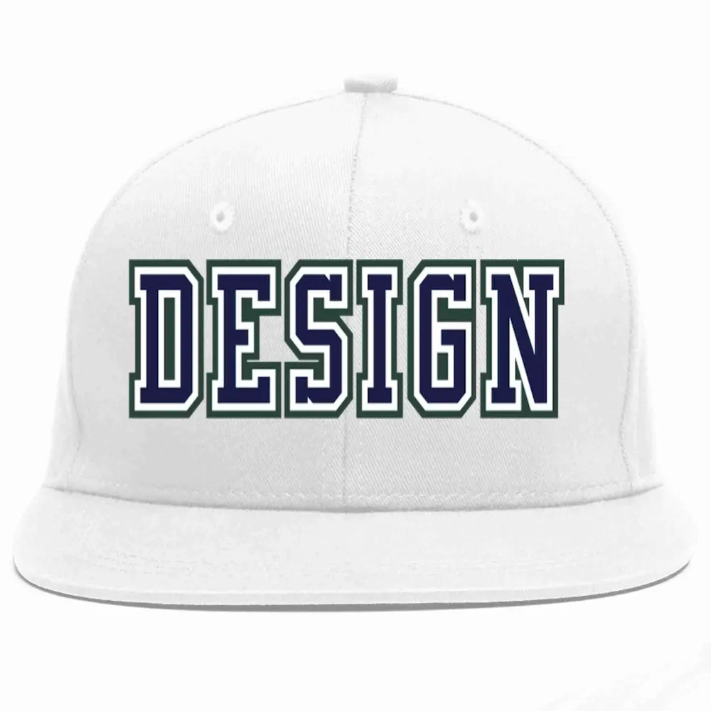 Custom White Navy-White Flat Eaves Sport Baseball Cap Design for Men/Women/Youth