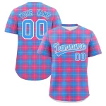 Custom Powder Blue Pink Personalized Plaid Design Authentic Baseball Jersey
