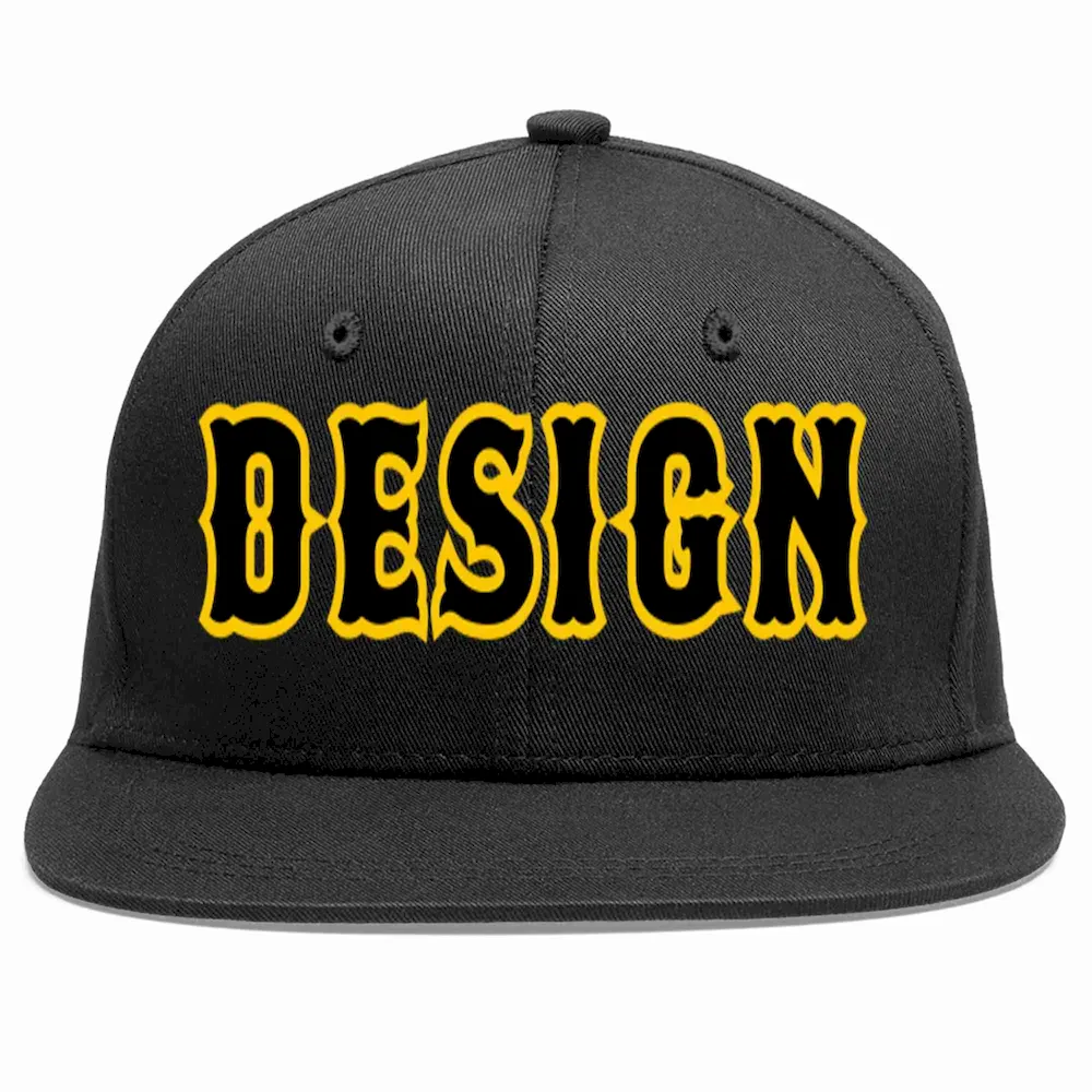 Custom Black Black-Gold Flat Eaves Sport Baseball Cap Design for Men/Women/Youth