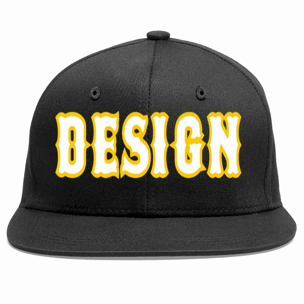 Custom Black White-Gold Flat Eaves Sport Baseball Cap Design for Men/Women/Youth