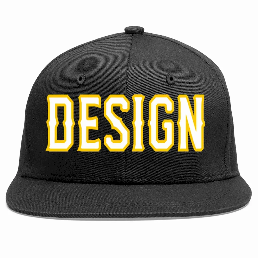 Custom Black White-Gold Flat Eaves Sport Baseball Cap Design for Men/Women/Youth