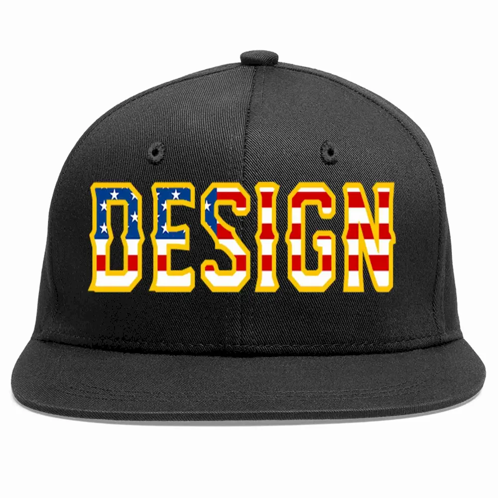 Custom Black Vintage?USA?Flag-Gold Flat Eaves Sport Baseball Cap Design for Men/Women/Youth