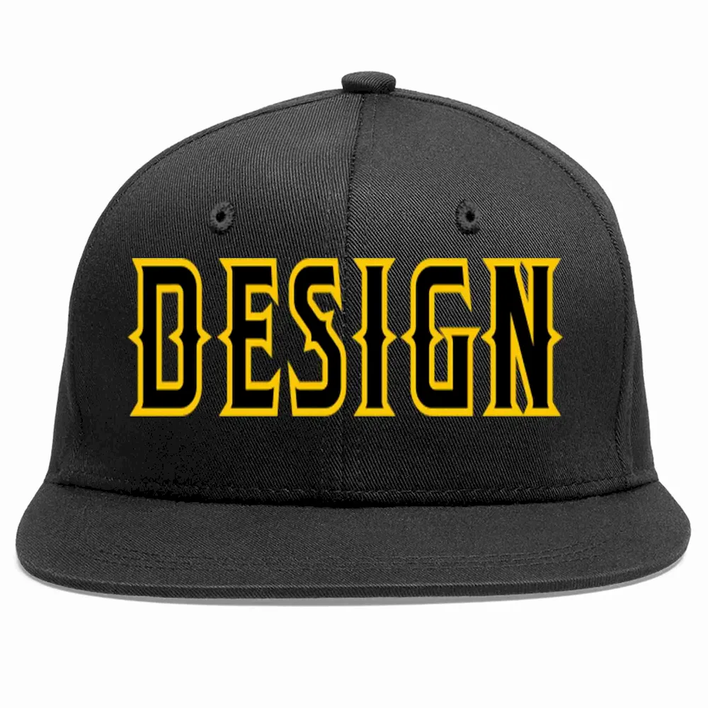 Custom Black Black-Gold Flat Eaves Sport Baseball Cap Design for Men/Women/Youth