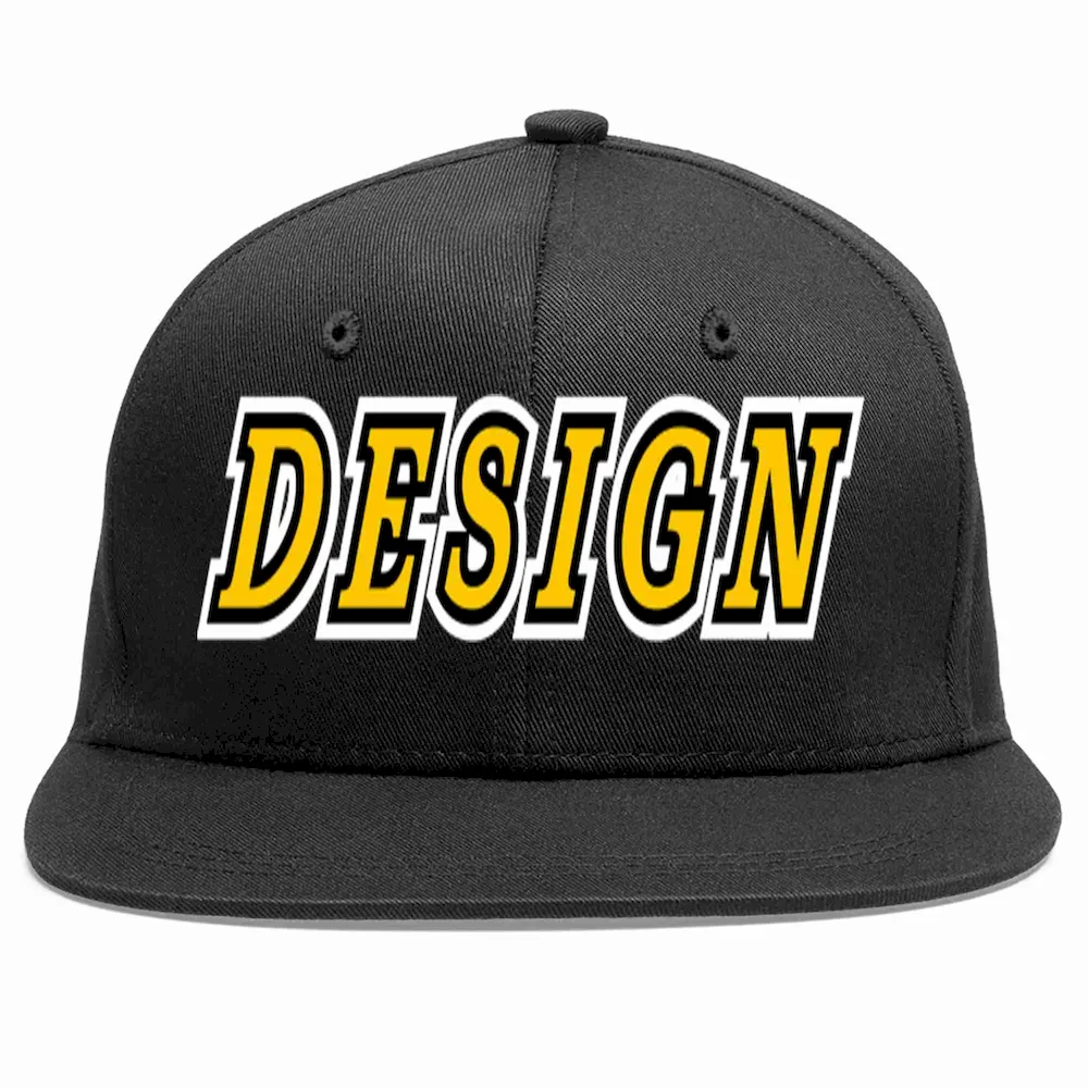 Custom Black Gold-Black Flat Eaves Sport Baseball Cap Design for Men/Women/Youth