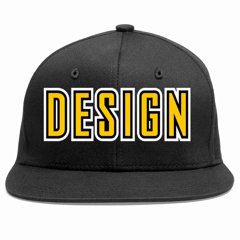 Custom Black Gold-Black Flat Eaves Sport Baseball Cap Design for Men/Women/Youth