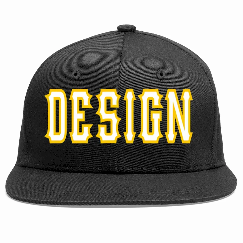 Custom Black White-Gold Flat Eaves Sport Baseball Cap Design for Men/Women/Youth