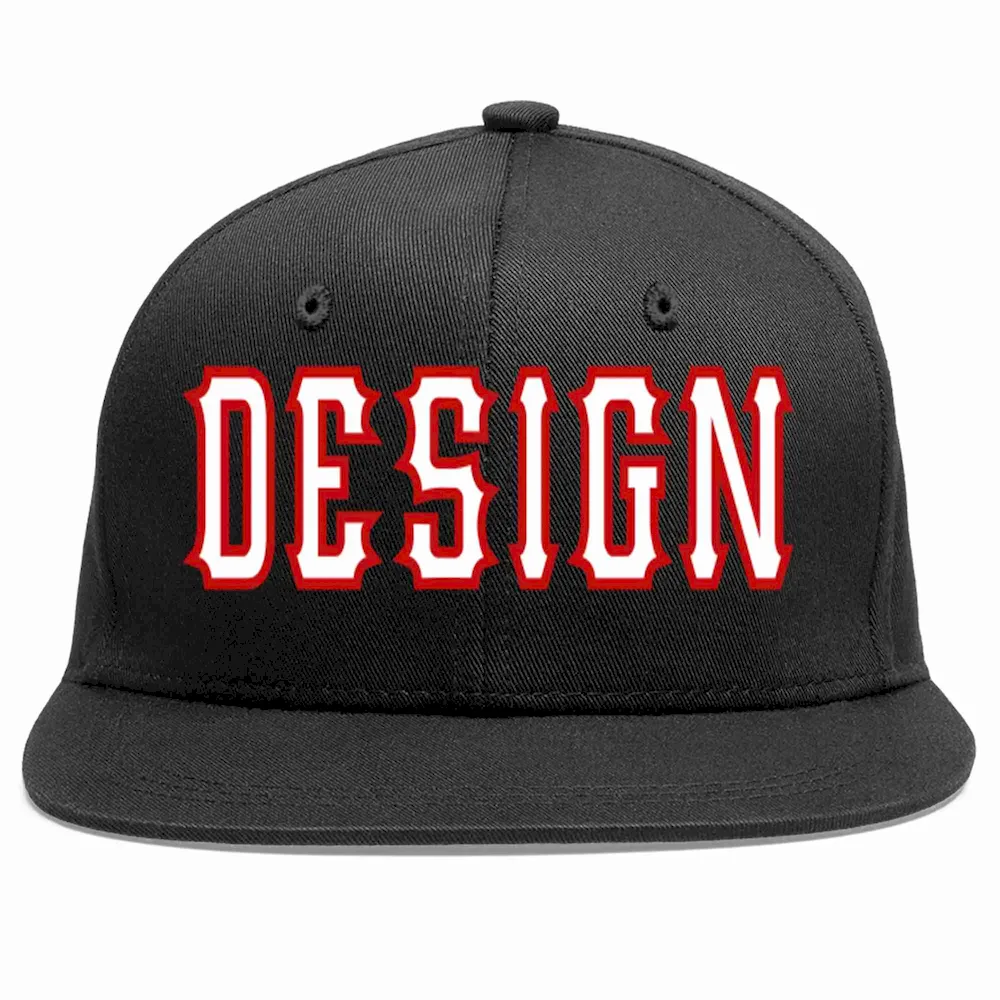 Custom Black White-Red Flat Eaves Sport Baseball Cap Design for Men/Women/Youth