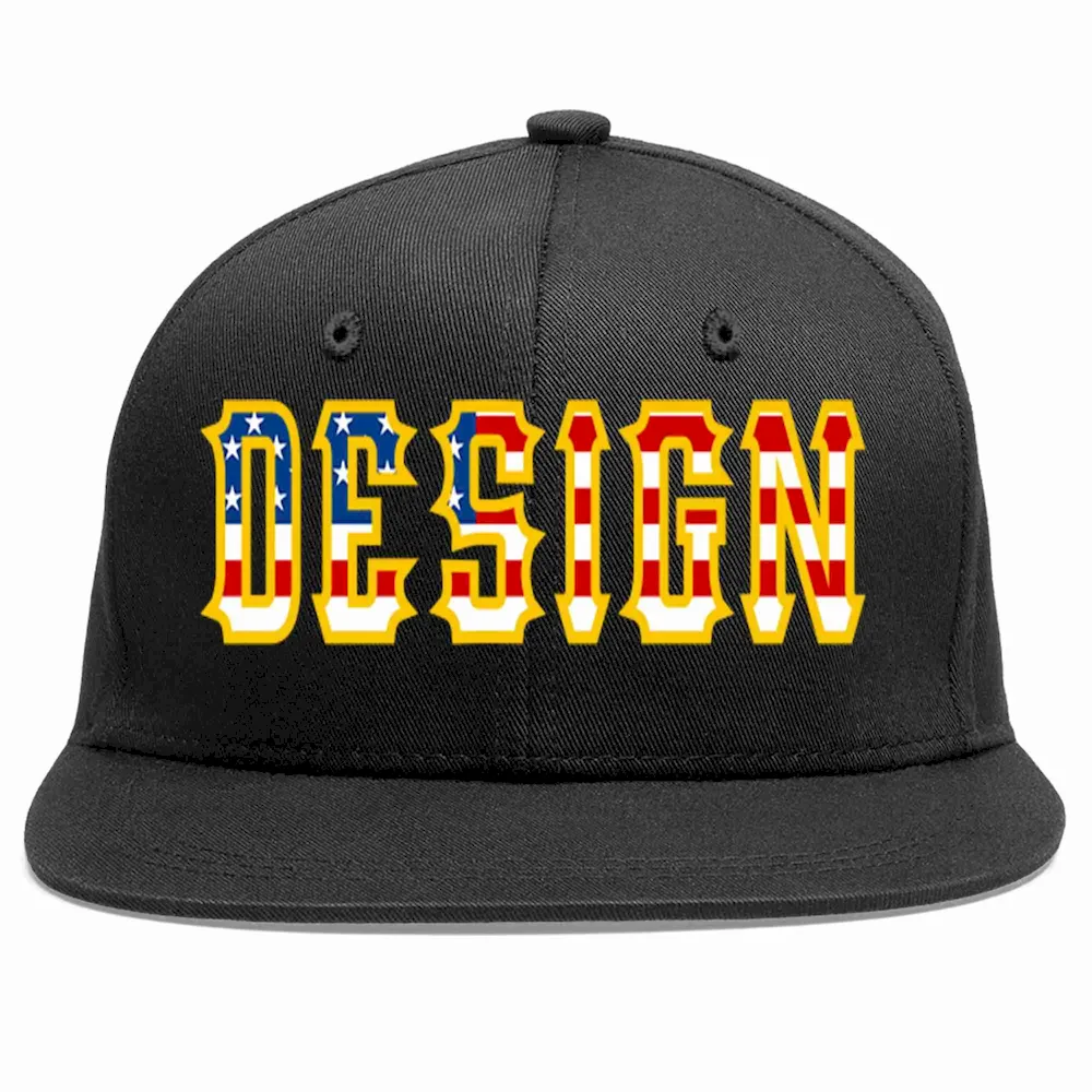 Custom Black Vintage?USA?Flag-Gold Flat Eaves Sport Baseball Cap Design for Men/Women/Youth