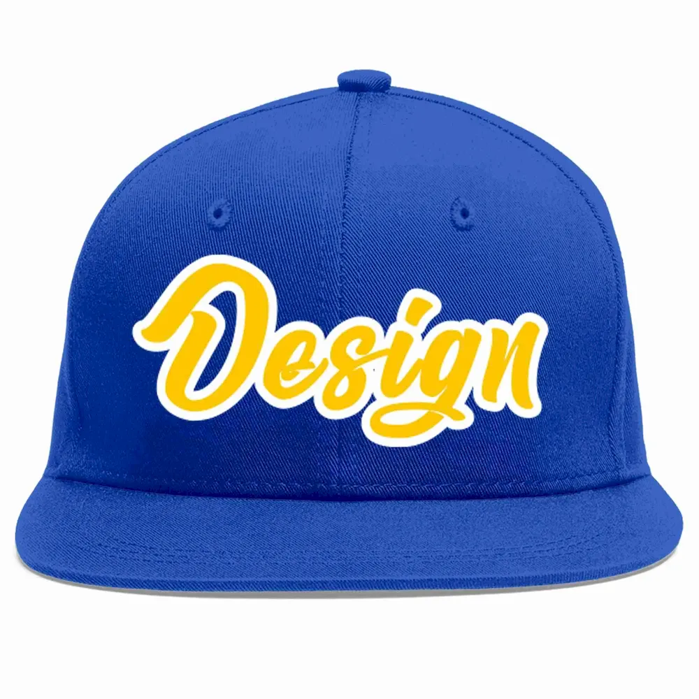 Custom Royal Gold-White Flat Eaves Sport Baseball Cap Design for Men/Women/Youth