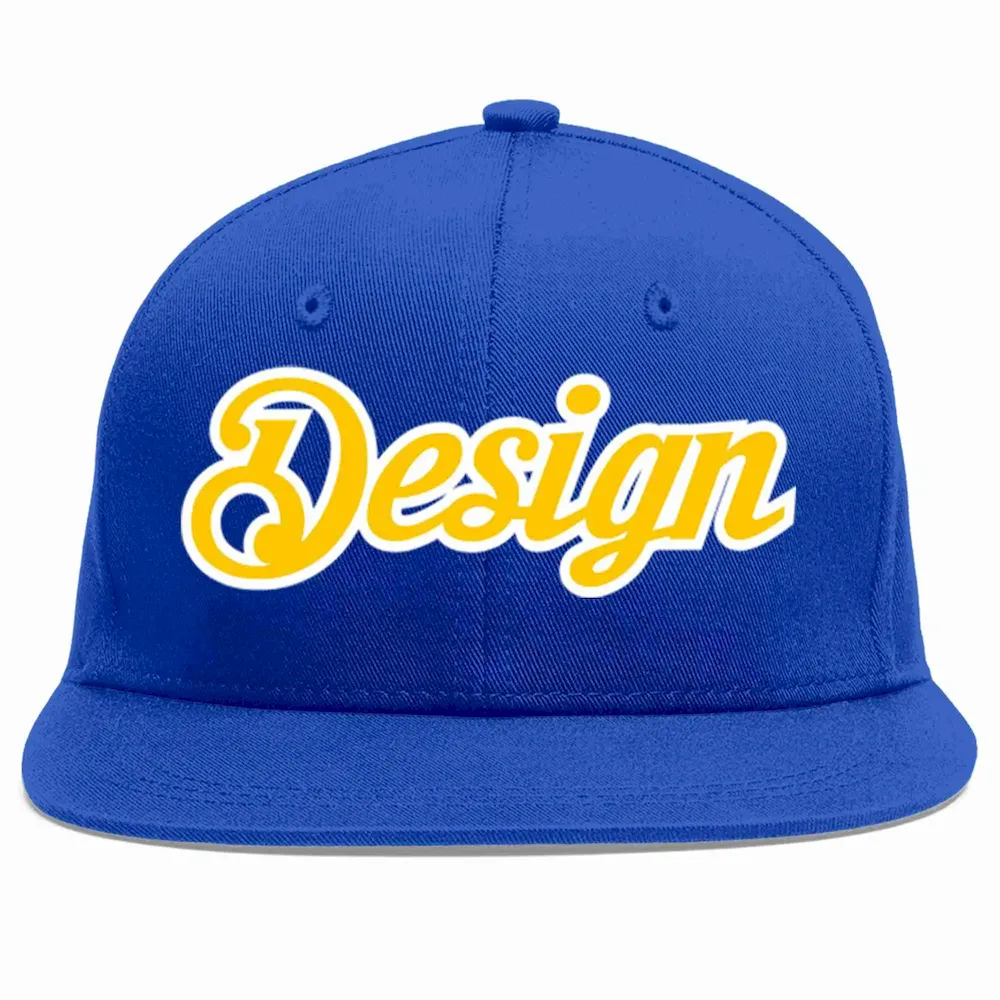 Custom Royal Gold-White Flat Eaves Sport Baseball Cap Design for Men/Women/Youth