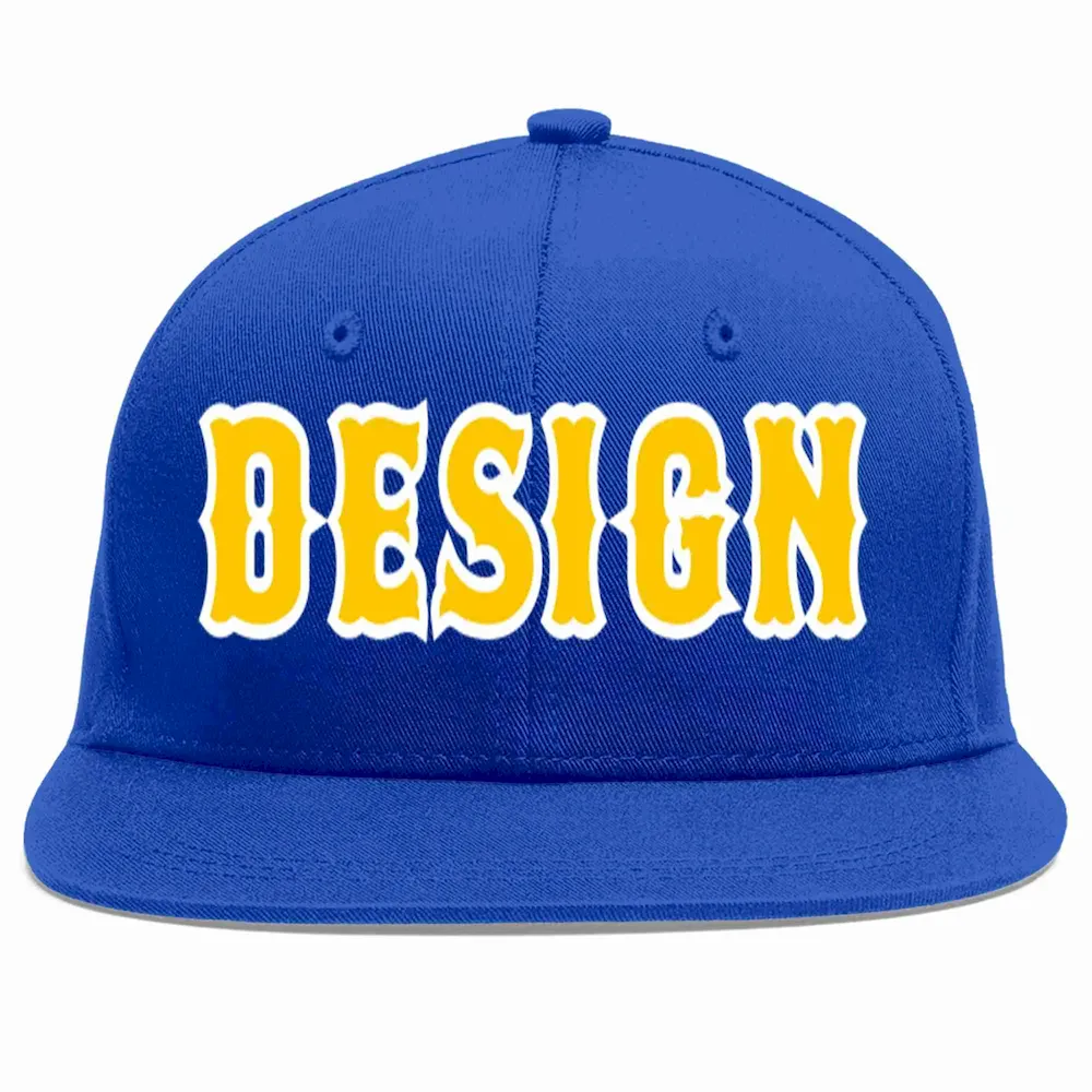 Custom Royal Gold-White Flat Eaves Sport Baseball Cap Design for Men/Women/Youth