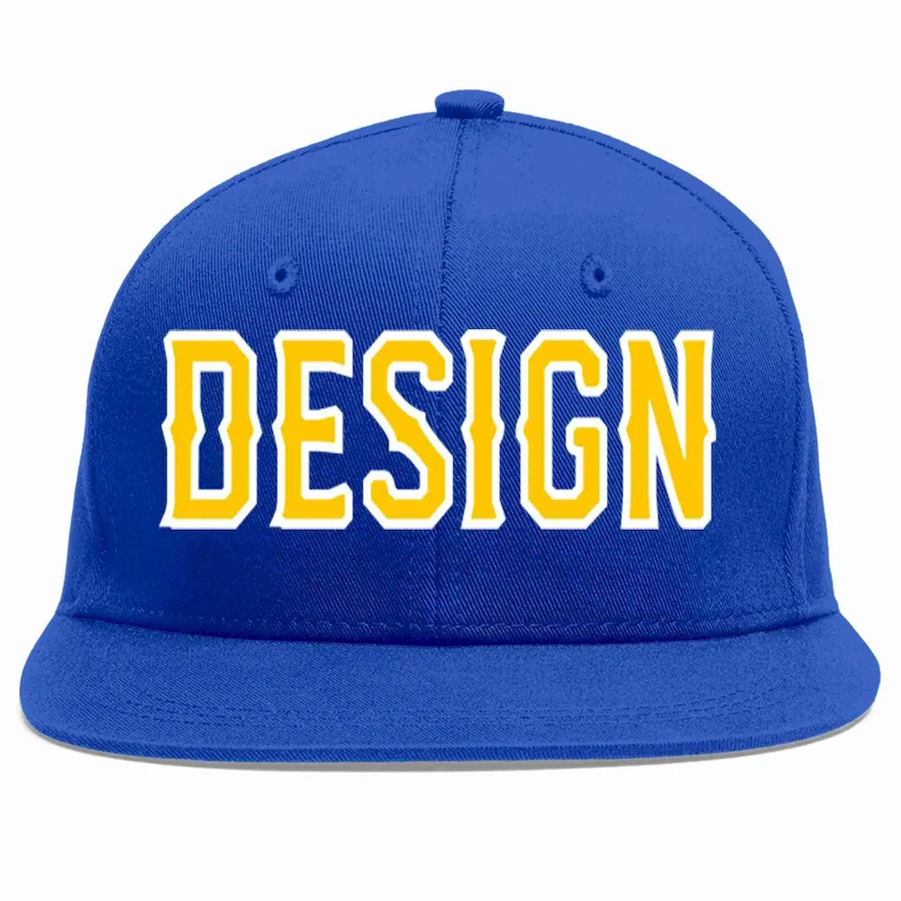 Custom Royal Gold-White Flat Eaves Sport Baseball Cap Design for Men/Women/Youth
