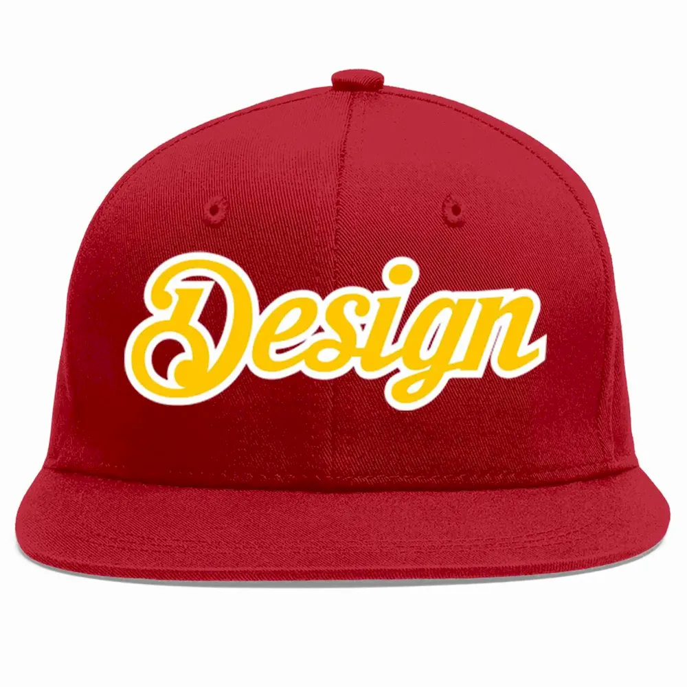 Custom Red Gold-White Flat Eaves Sport Baseball Cap Design for Men/Women/Youth