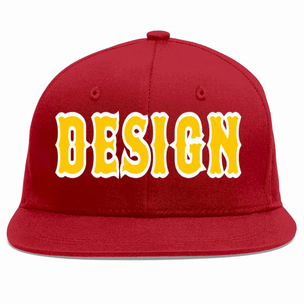 Custom Red Gold-White Flat Eaves Sport Baseball Cap Design for Men/Women/Youth