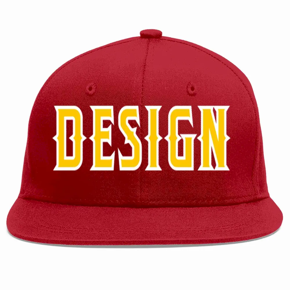 Custom Red Gold-White Flat Eaves Sport Baseball Cap Design for Men/Women/Youth