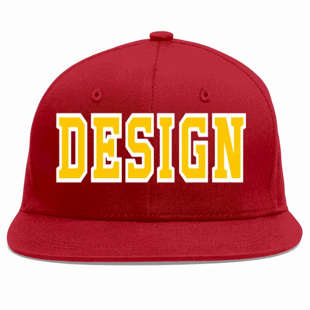 Custom Red Gold-White Flat Eaves Sport Baseball Cap Design for Men/Women/Youth