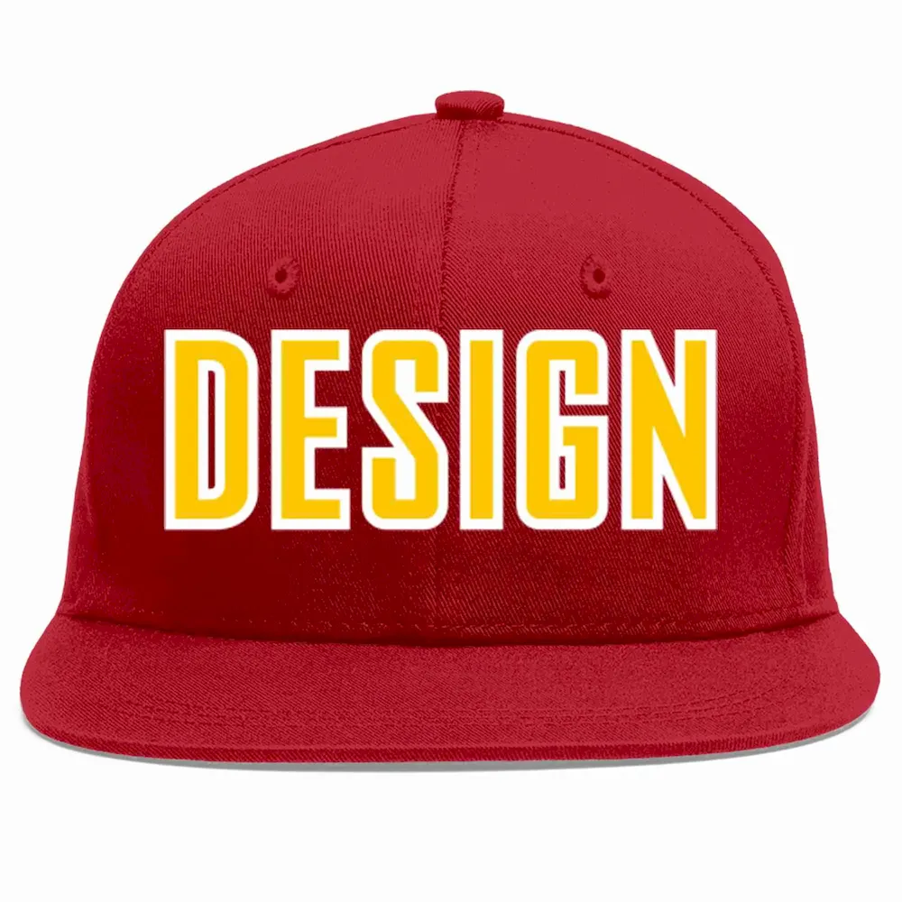 Custom Red Gold-White Flat Eaves Sport Baseball Cap Design for Men/Women/Youth